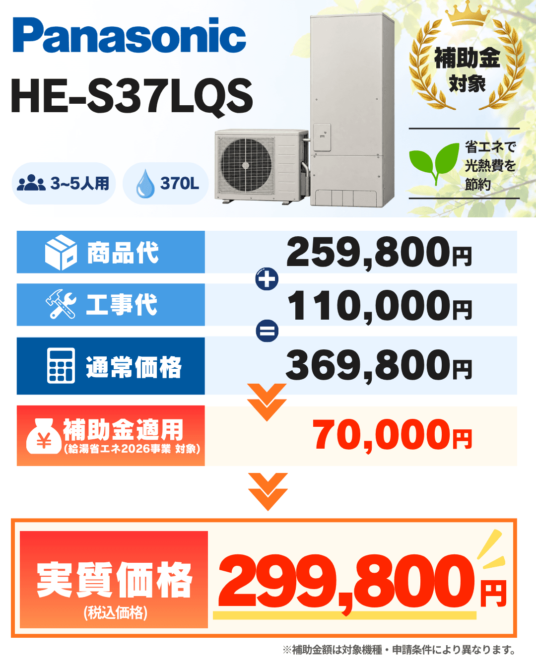 パナソニック HE-S37LQS / 370Lの商品代・工事代・補助金適用後価格の案内